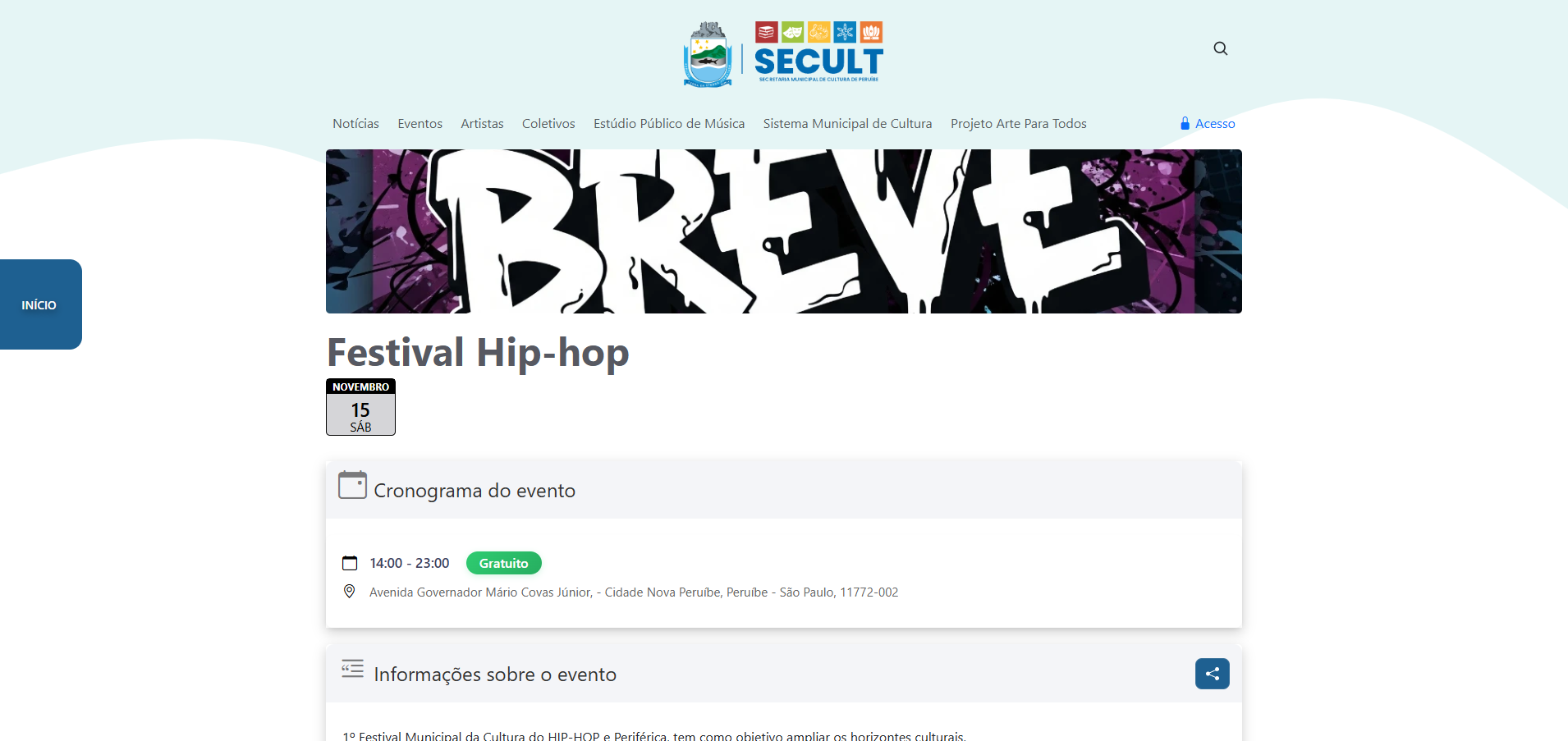 Página de eventos do Portal da Cultura