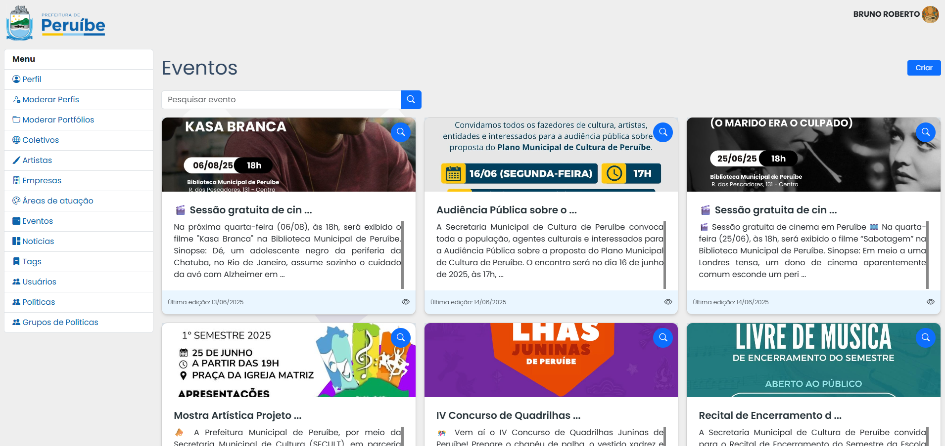 Gerenciamento de eventos no sistema interno