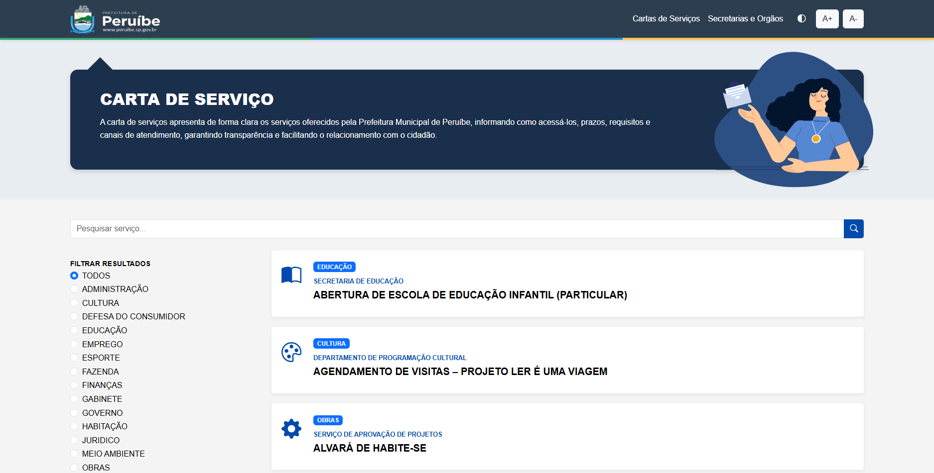 Tela inicial do Portal de Serviços de Peruíbe