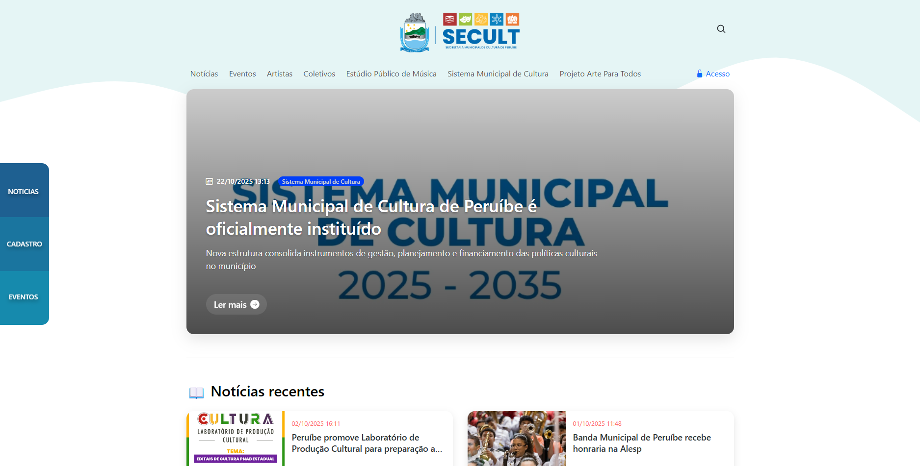 Tela inicial do Portal da Cultura de Peruíbe
