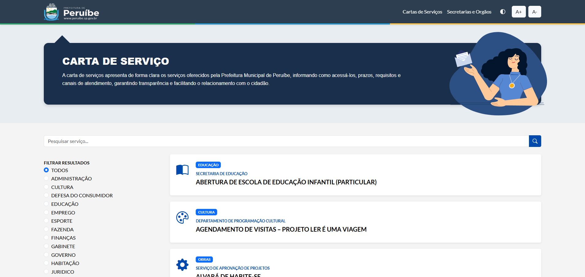 Página de cartas de serviço do Portal de Serviços